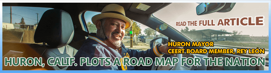 Huron Mayor Rey León smiles as he drives on the Green Raiteros electric vehicles